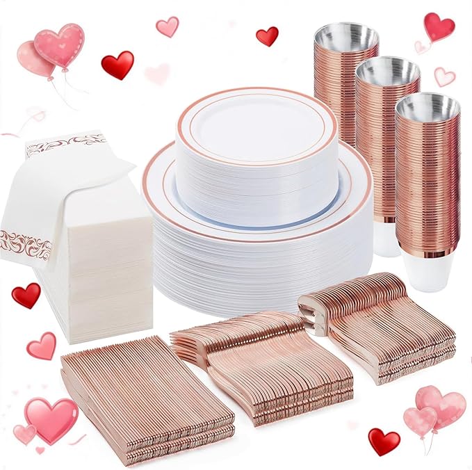 BESTVIP 350PCS Rose Gold Disposable Dinnerware Set for 50 Guests, Plastic Plates for Party, Wedding, Christmas, Include: 100 Plastic Plates, 50 Silver Silverware, 50 Cups, 50 Napkins