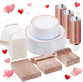 BESTVIP 350PCS Rose Gold Disposable Dinnerware Set for 50 Guests, Plastic Plates for Party, Wedding, Christmas, Include: 100 Plastic Plates, 50 Silver Silverware, 50 Cups, 50 Napkins