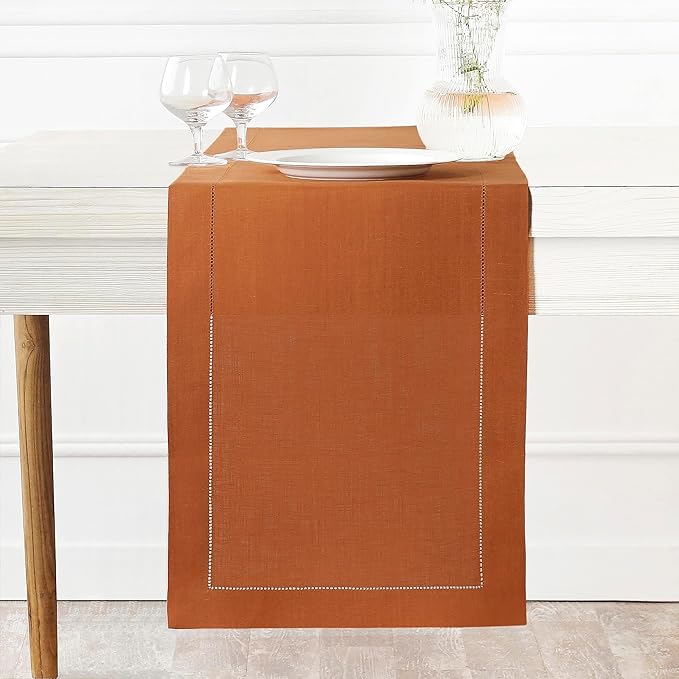 D'Moksha Homes Linen Rust Table Runner 60 Inches - Classic Hemstitch, 100% Pure Linen Coffee Table Runner 14 x 60 Inch Ideal for Dresser Tables - Spring, Easter