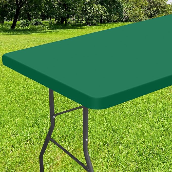 Smiry Rectangle Tablecloth, Elastic Fitted Flannel Backed Vinyl Tablecloths for 8ft Folding Tables, Waterproof Wipeable Table Covers for Indoor, Outdoor, Picnic and Camping (Emerald Green, 30"x96")