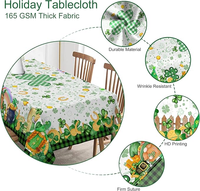 St. Patrick's Day Round Tablecloth, 70 Inch with Shamrock Gnome, Buffalo Check Plaid Kitchen Table Cover for Dining Room Indoor Decor