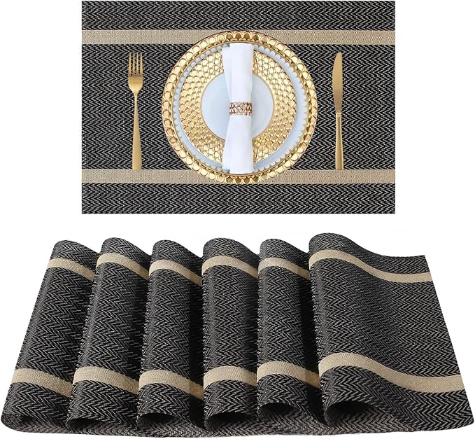 FAVE Placemats Set of 6 Brown Placemat Woven with Golden Thread Durable and Wipeable Vinyl Placemats Heat Resistant Table Mats Set of 6 High Texture Place Mats for Kitchen Table (Brown)
