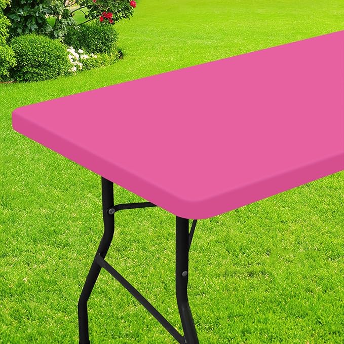 Smiry Rectangle Picnic Table Cloth, Waterproof Elastic Fitted Tablecloths for 8 Foot Tables, Washable Polyester Table Cover for Camping, Indoor and Outdoor (Rose Pink, 30"x96")