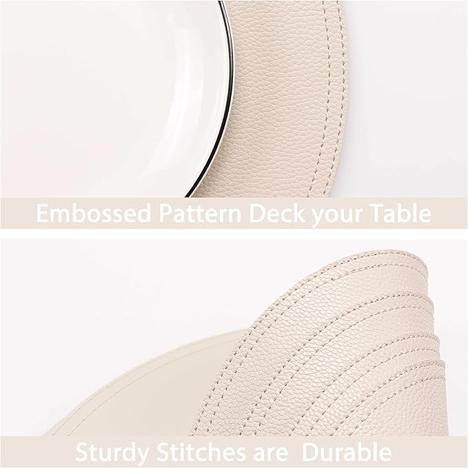 Set of 6 Faux Leather Round Placemats and Coasters, Coffee Mats Kitchen Table Mats, Waterproof, Easy to Clean for Kitchen Dining Round Table