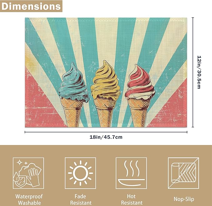 Vintage Ice Cream 12x18 Inch Placemats Set of 6 - Waterproof, Non-Slip & Washable Table Mats for Kitchen & Dining Table Placemats