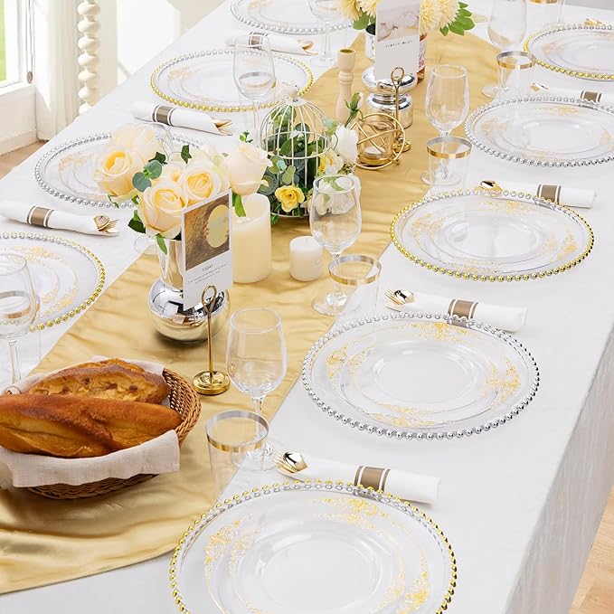 Hioasis 350pcs Clear and Gold Plates - Clear Party Plates for 50 Guest, Include 100 Heavy-duty Plates(20% Thicker Than Standard), 50 Pre Rolled Gold Plastic Silverware Set, 50 Cups