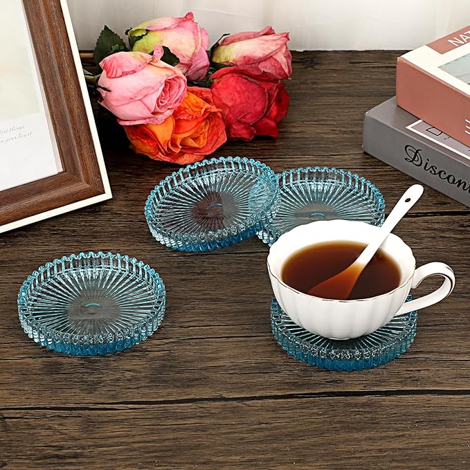 JUXYES 8 Pack Clear Blue Crystal Coasters Round Cup Mat, Glass Coasters for Drinks Coffee Tea Wine, Decorative Wine Bottle Coaster, Crystal Drink Coasters for Restaurant bar Kitchen Dining Table