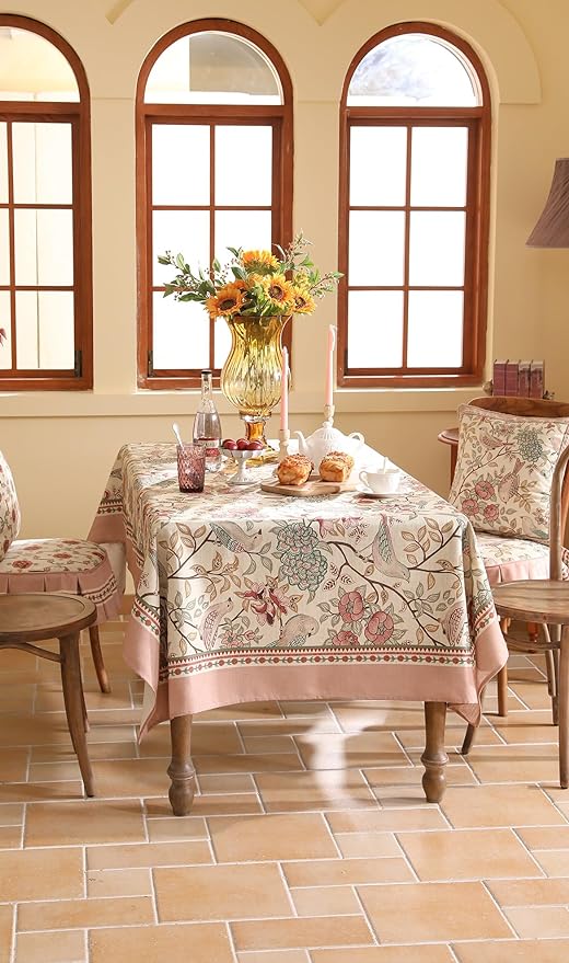 patdrea Designer Pink Linen Table Cloth for Rectangle Table,Vintage Floral with Birds Pattern Decorative Tablcloth,French Table Cover for Kitchen Dining,Thanksgiving,Christmas,55"x87"-Kulom a