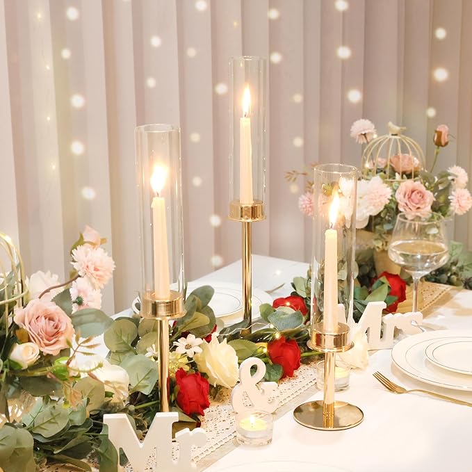 Hurricane Candle Holders Metal Candlestick Holder for Glass Taper Tall Candle Holders with Crystal Chimney Tube Candles Stands for Home Decor, Christmas, Dinning (18, Gold)