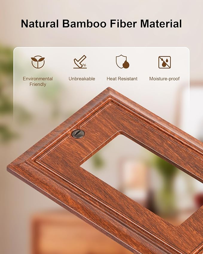 6-Pack Decorator Outlet Cover Plate, Wood Grain Decorative Switch Plates and Outlet Covers, Durable Natural Bamboo Fiber Wall Plates for Electrical Outlets, Receptacle, GFCI Outlet, Dimmer Switch