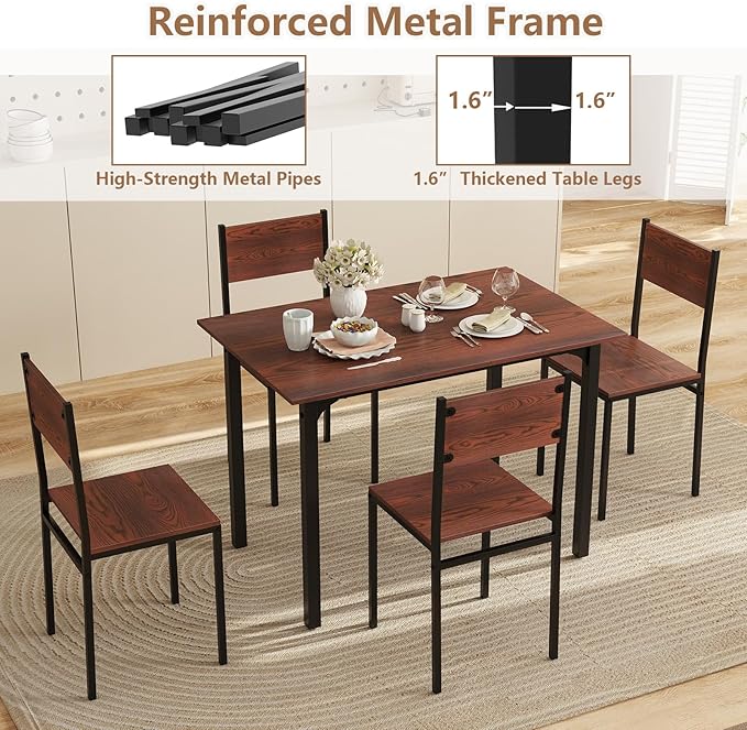 COSTWAY Dining Table Set for 4, Rectangular Kitchen Table and Chairs Set with Backrest, Metal Frame, Space-Saving Dinette Set, Breakfast Nook Table Set for Small Space, Apartment, Dorm (Walnut)