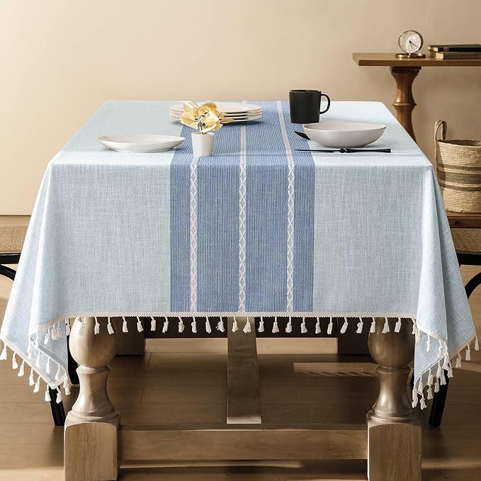 ZeeMart Contrast Linen Table Cloth Rectangle Table Cloths 60x120 Inch Blue, Farmhouse Style Heavy Weight Blue Tablecloth, Water Resistant Burlap Tablecloths