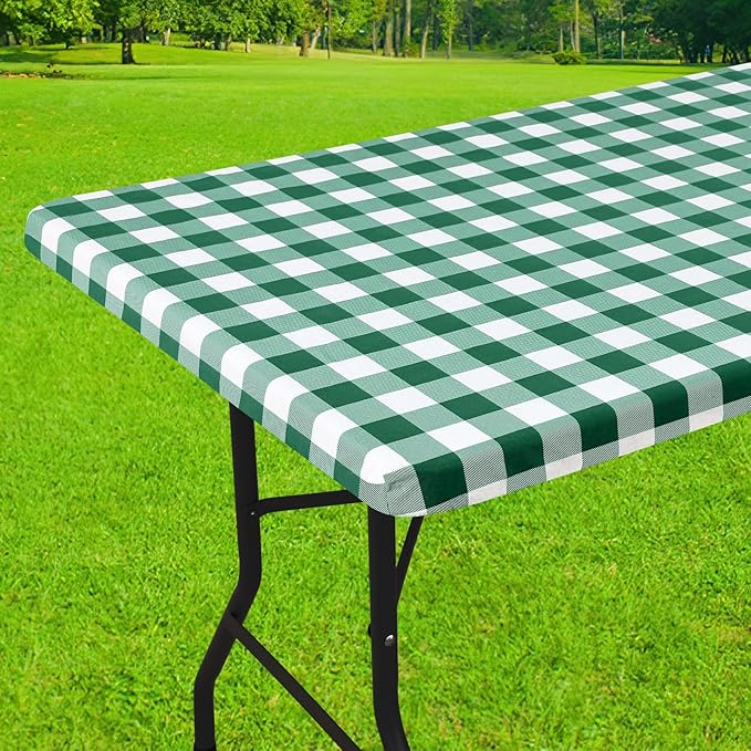 Smiry Rectangle Picnic Table Cloth, Elastic Waterproof Fitted Vinyl Tablecloths, Flannel Backed Buffalo Plaid Table Covers for Dining, Camping, Outdoor (Emerald Green and White, 30" x 96")