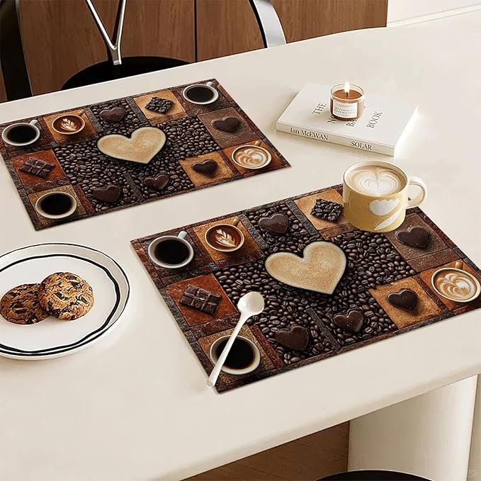 Coffee Placemats Set of 6, Cafe Table Mats, Washable Place Mats for Coffee Bar Home Party Indoor Kitchen Dining Table Decoration 12x18 Inch