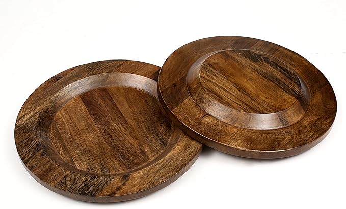 Alpha Living Home Mango Wooden Plates Set of 2-13” Round Rustic Farmhouse Chargers for Dinner & Charger Plates, Handcrafted Tableware for Charcuterie, BBQ, Farmhouse Dining, or Gift (Walnut)