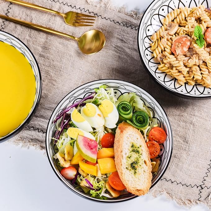Yundu 38 Ounce Pasta Bowl Set of 4, Large Salad Serving Porcelain Bowls, Microwave Dishwasher Safe, Black