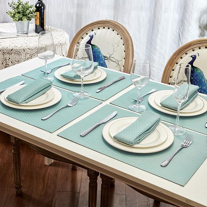 Place Mats Set of 8 – Rectangle Rectangular Waterproof Fabric Polyester Cloth Washable Wipeable Heat Resistant Placemats for Kitchen Dining Dinner Table Indoor 13 x 19 Inch Turquoise