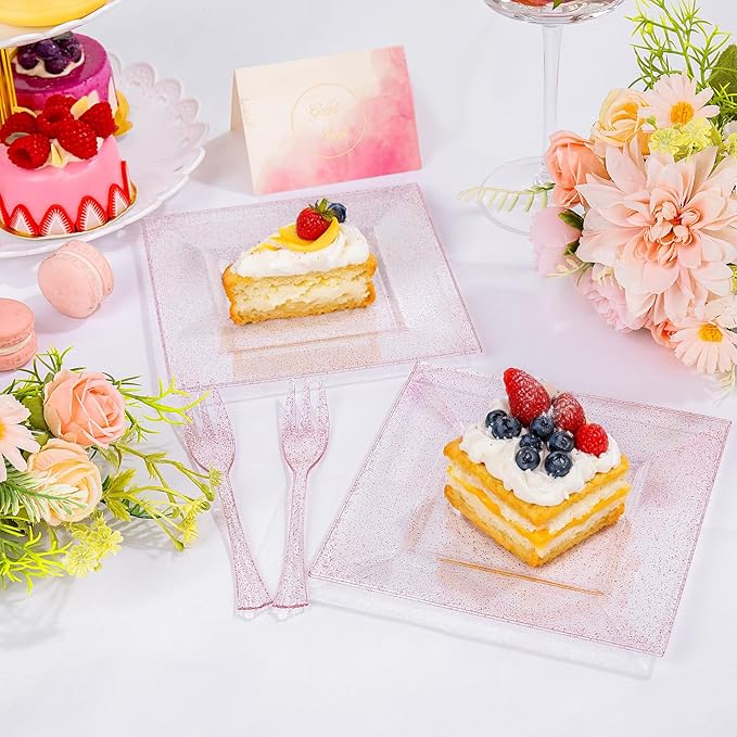 DaYammi 100Pcs Pink Dessert Plates with Forks Including 50Pcs Appetizer Plates,50Pcs Plastic Forks,Glitter Square Plate pink Disposable plates for Wedding,Plastic Cake Plate for Valentine's Day Party