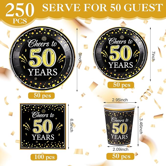 Pickmesh 250 Pcs 50th Birthday Disposable Tableware Set Black and Gold Cheers to 50 Years Disposable Paper Plates Napkins and Cups for 50th Birthday Wedding Anniversary Supplies Decorations