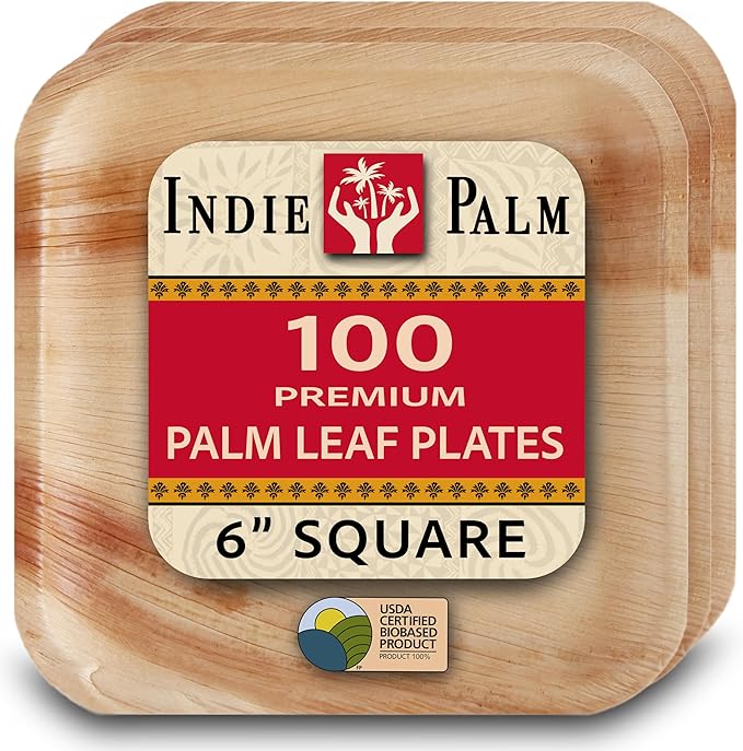 Indie Palm Disposable Palm Leaf Plates – 100 Pack 6 Inch Square – Heavy Duty, 100% Compostable & Biodegradable – Eco-Friendly Alternative to Plastic & Bamboo – Perfect for Parties & Events