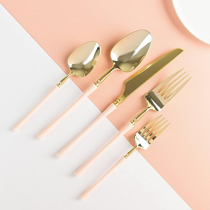 PLASTICPRO 20 Count Gold and Pink Plastic Knives Premium Quality Heavy Duty Disposable Elegant Silverware Two Tone Knives for Party
