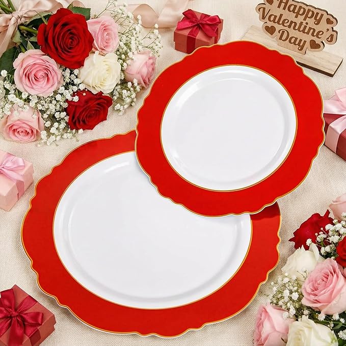 WDF 60pcs Red Valentines Plates Disposable - 7.5inch Heavy Duty Red Dessert/Salad/Cake Plates for Valentine's Day