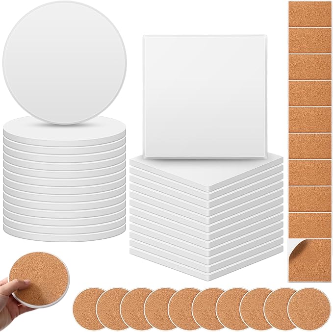 Zopeal 48 Pcs Ceramic Tiles for Crafts Coasters Include Unglazed White Ceramic Tiles with Cork Backing Pads Use with Alcohol Ink Acrylic Pouring for DIY Project Gift (Square)