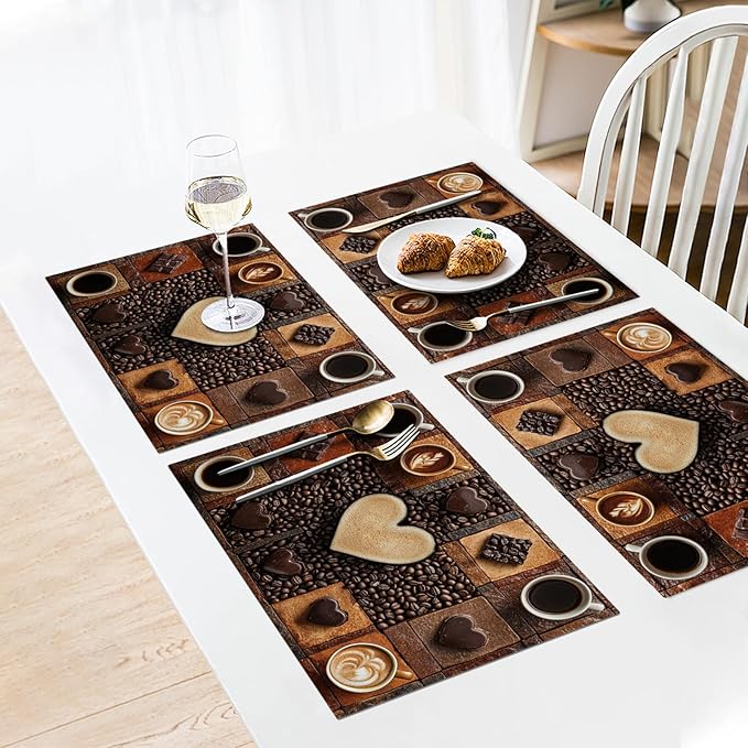 Coffee Placemats Set of 4, Cafe Table Mats, Washable Place Mats for Coffee Bar Home Party Indoor Kitchen Dining Table Decoration 12x18 Inch