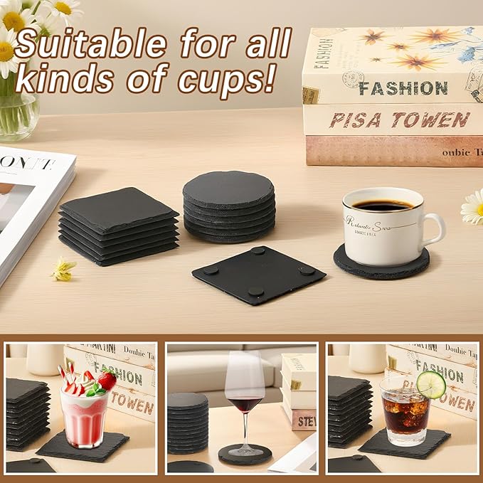 72pcs Slate Coasters Black 4 Inch Bulk Blank Rock Coasters Blank Laser Engraving, Hand Painted DIY, Scratch Resistant Bottom (36*Square+36*Round)
