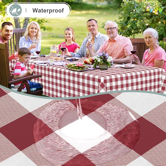 misaya Rectangle Waterproof Vinyl Table Cloth, Buffalo Flannel Backed Tablecloth, Wipeable Plastic Table Cover for Valentine's Day, Dinner, Kitchen, Outdoor (52" x 70", Burgundy and White)