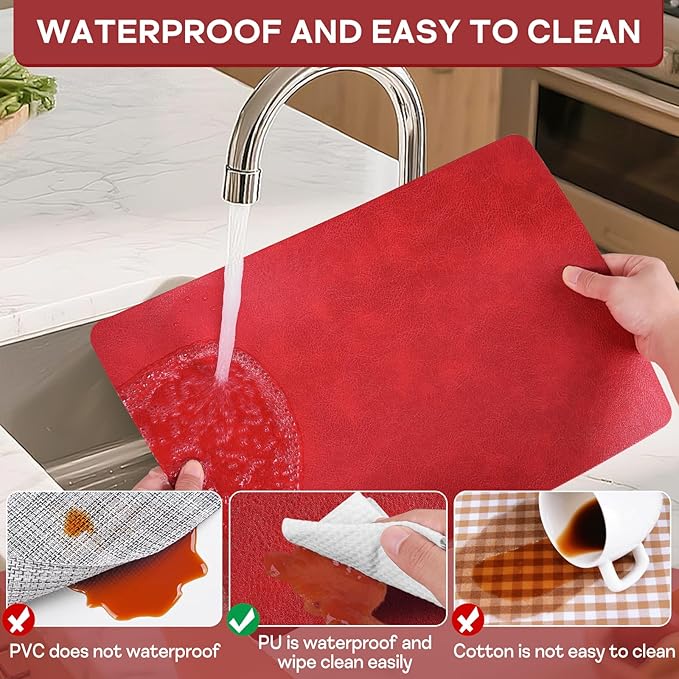 Faux Leather Placemats Set of 6, Washable Place Mats, Wipeable Waterproof Oil-Proof Heat Resistant Table Mats, Non-Slip Vinyl Placemats Rectangular Place Mat for Table Indoor Outdoor (Red)