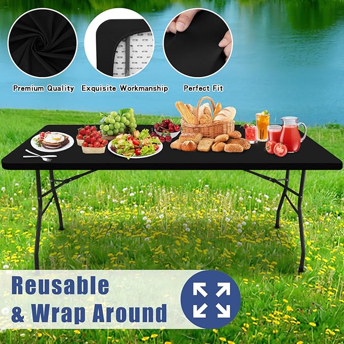Spandex 6 Foot Rectangle Table Cloth 2 Pack, Elastic Fitted Tablecloths for Picnic, Stretch Washable Patio Table Cover for Outdoor, Camping, Banquet and Parties (Black, 36"x72")