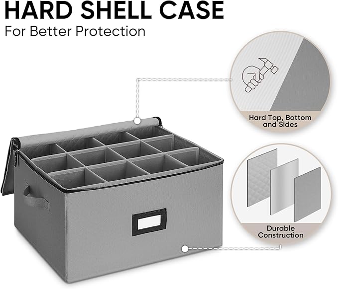 BALEINE China Storage Containers, Sturdy Quilted Wine Glass Storage, Plate Organizer with Carry Handles, Moving Boxes for Dishes, Cups, Mugs and Stemware (Wine Glass, Hard Shell Grey)