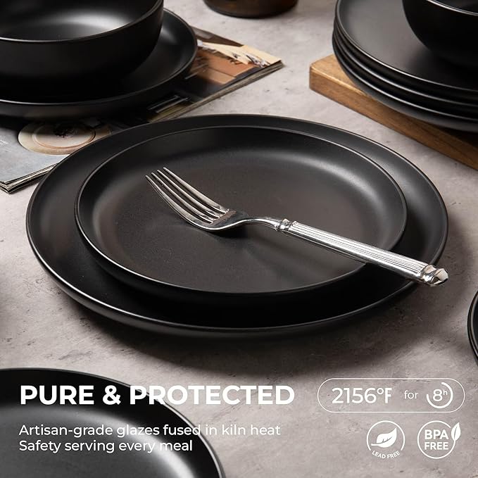 12-Piece Matte Black Dinnerware Set,Stoneware Dinnerware for 4, Microwave & Dishwasher Safe, Stackable Design for Kitchen and Dining - Plates and Bowls