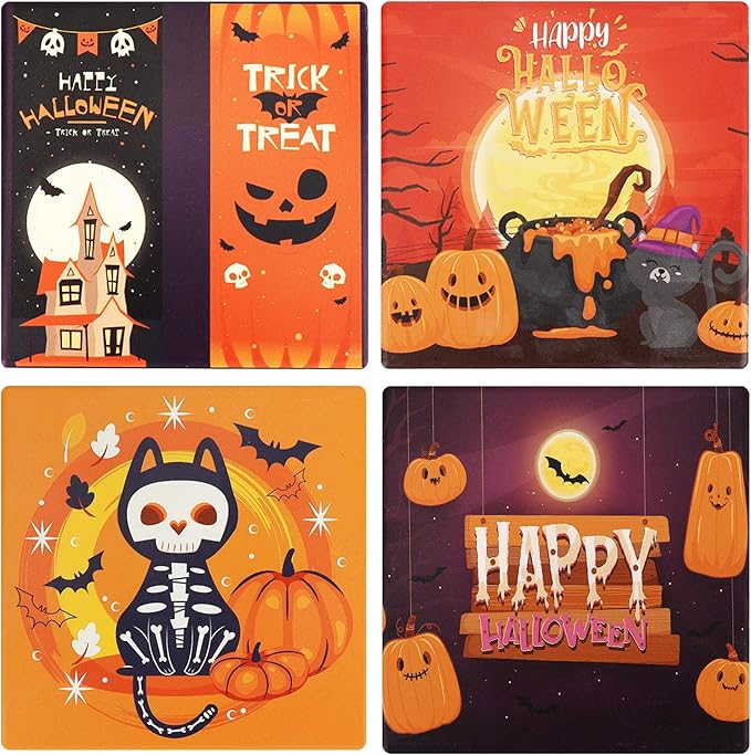 Halloween Coasters Absorbent Ceramic Coaster for Drinks with Black Holder and Cork Base Set of 4, Square Decorative Coffee Table Decor for House Warming Gifts New Home