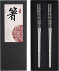 Stainless Steel Chopsticks Titanium Plated Metal Chopsticks Reusable Dishwasher safe Premium Japanese Korean Chopstick Laser Engraved Anti-slip Chop Sticks for Eating 2 Pairs Gift Set Black Silver