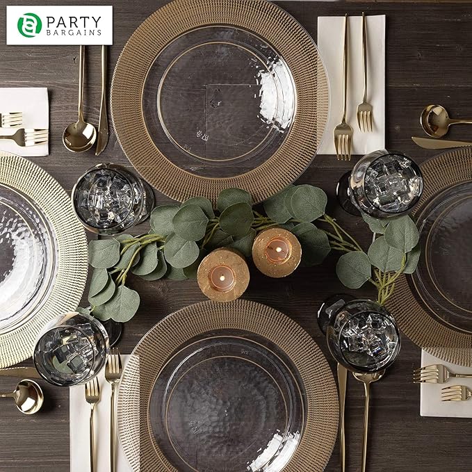 PARTY BARGAINS 13-Inch Charger Plates - 8 Pack, Clear Gold Textured Rim, Heavy-Duty Disposable Chargers for Elegant Dining - Ideal for Weddings and Formal Events