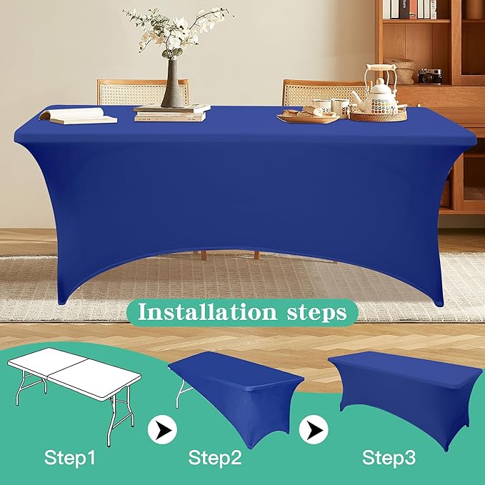 2Pack 4FT Table Cloth for Rectangular Fitted Events Stretch Gemstone Blue Table Covers Washable Spandex Tablecloth Protector for Party, Wedding, Cocktail, Banquet, Festival