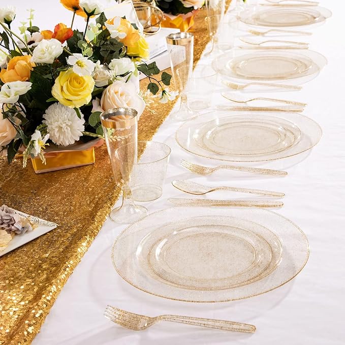 WDF 120PCS Gold Plastic Plates- Disposable Gold Glitter Plates, Premium Heavy Duty 60-10.25" Dinner Plate and 60-7.5" Salad Plate for Parties Wedding Birthday Valentine's Day