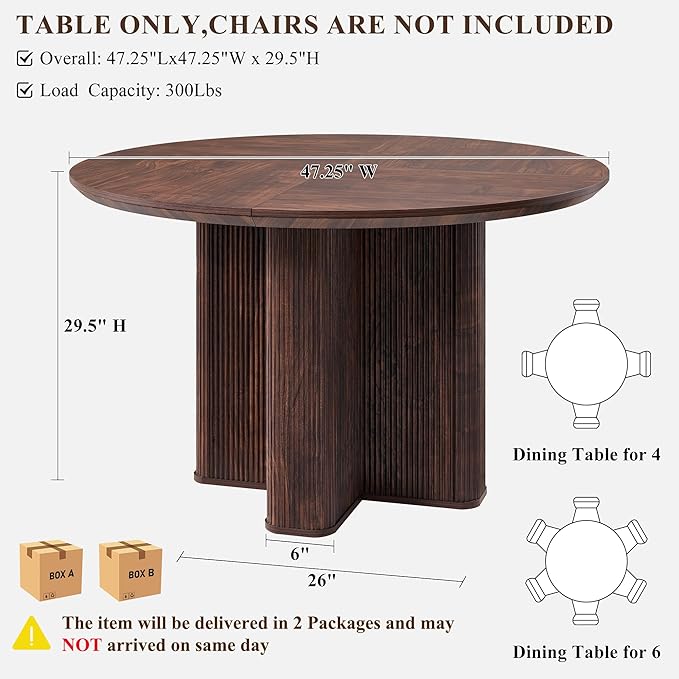 T4TREAM 47" Fluted Round Dining Table for 4-6, Mid-Century Modern Kitchen Table with Thickened Edge & Sturdy Pedestal Base for Kitchen Living Room,Dark Walnut(Table Only)