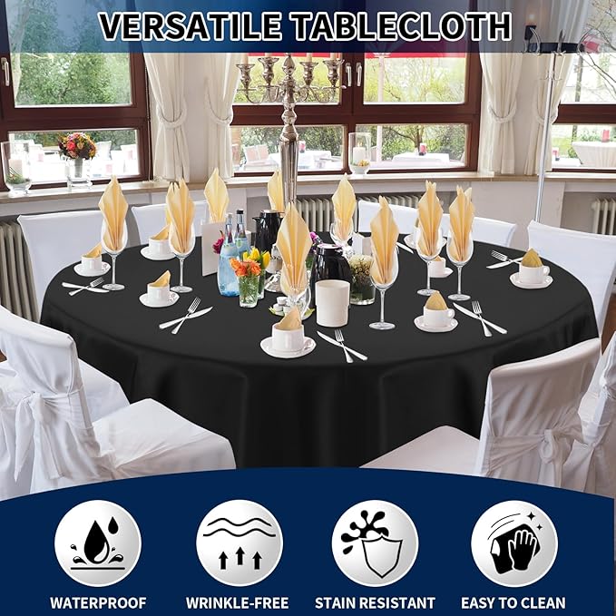 PureFit 6 Pack Round Black Table Cloths 120 Inch for Round Tables, Stain and Wrinkle Resistant Table Linens for Home Use, Wedding, Party, Banquet and Camping