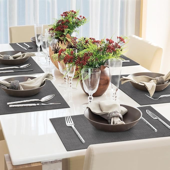Faux Leather Placemats Set of 4 Washable PU Table mats for Kitchen Table - Heat Resistant, Waterproof, Easy Clean, Anti Slip 11.8" x 17" (Dark Grey-4 Pack)