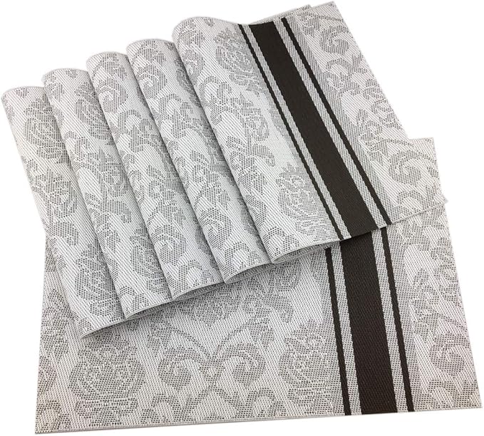 Gugrida Silver Placemats Dining Table, Heat-Resistant Placemats Stain Resistant Anti-Skid Washable PVC Table Mats Woven Vinyl Placemat, Set of 6