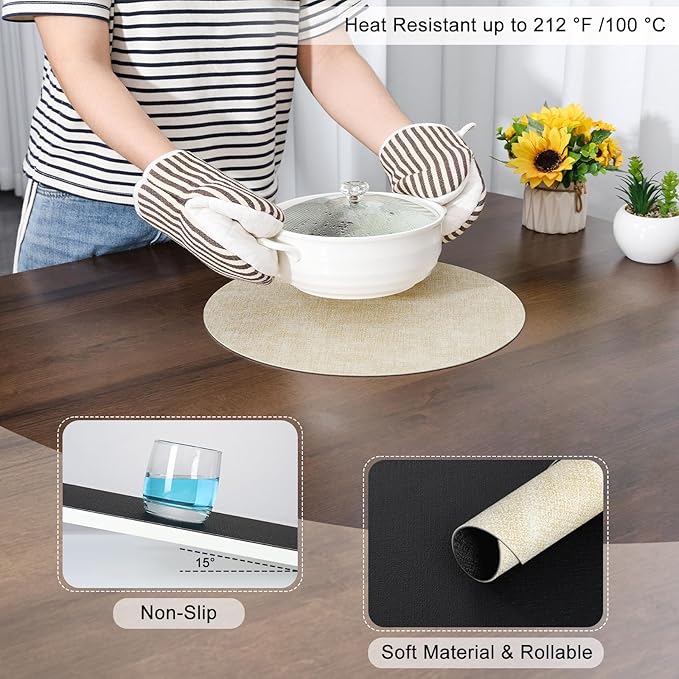 Myir JUN Round Placemats, Dual Sided Faux Leather Place Mats Set of 6 Indoor/Outdoor Non-Slip Washable Table Mats (Cream-White Black, Set of 6)
