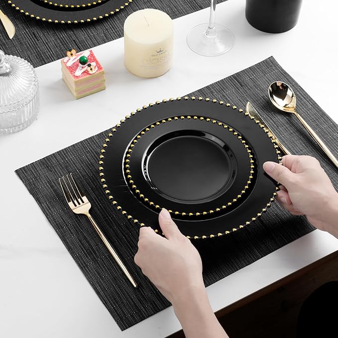 EI 60pcs Black Plastic Plates,Black and Gold Plastic Plates Disposable,Fancy Heavy Duty 10" Dinner & 7" Dessert Plate for Party,Birthday,Anniversary,Wedding,Afternoon Tea,Business Events,Banquets