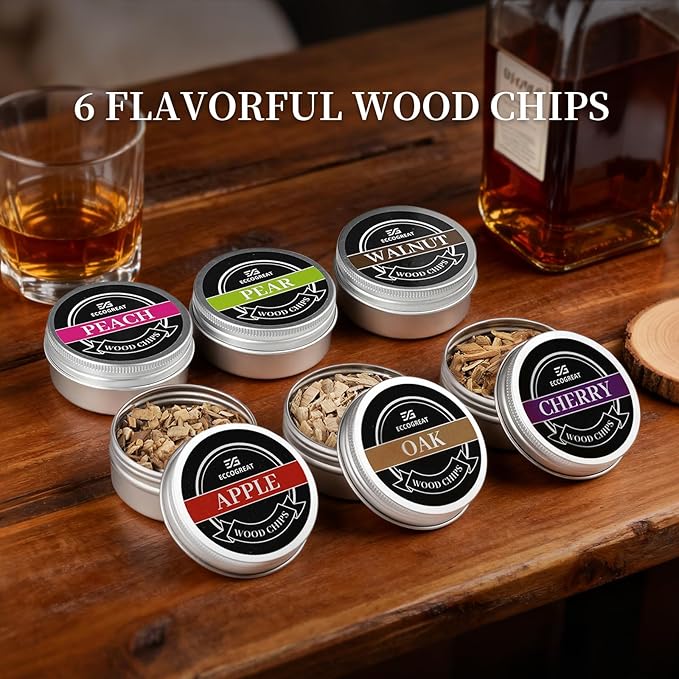 Whiskey Smoker Kit with Torch & 6 Flavors Wood Chips - Premium Bourbon Cocktail Smoker Set,Old Fashioned Drink Smoker Kit, for Men, Dad, Husband (Butane Not Included)