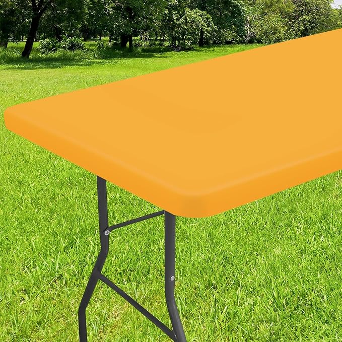 Smiry Rectangle Tablecloth, Elastic Fitted Flannel Backed Vinyl Tablecloths for 6ft Folding Tables, Waterproof Wipeable Table Covers for Outdoor, Indoor, Picnic and Camping (Mustard Yellow, 30"x72")