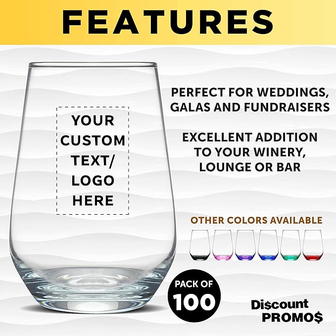 DISCOUNT PROMOS 100 Vaso Silicia Stemless Wine Glasses Set, 16 oz. - Personalized Text, Logo - Clear, Orb-Like, Thick base - Clear