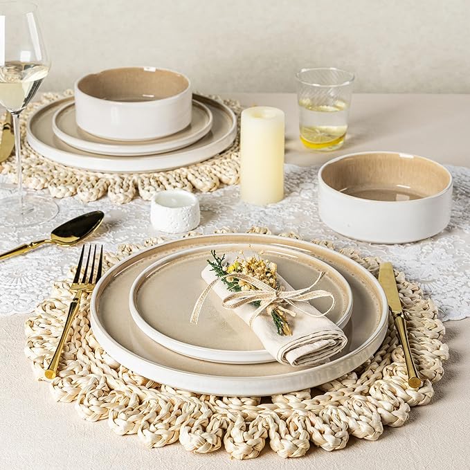 AmorArc Ceramic Dinnerware Sets, Handmade Reactive Glaze Stoneware Plates and Bowls Sets,Highly Chip and Crack Resistant | Dishwasher & Microwave Safe Dishes Set, Service for 4 (12pc)