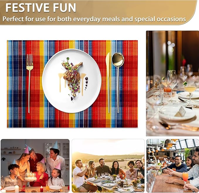 Placemats Set of 6 Linen Washable Kitchen Dining Colorful Mexican Stripes Lines Table Mats Stain Heat-Resistant Desktop Décor Place Mats for Home Party Indoor 12x18 in